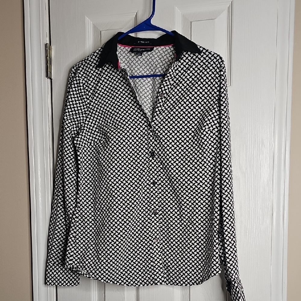 Jones New York Signature Black & White Button Down‎ Women's Blouse Stretch